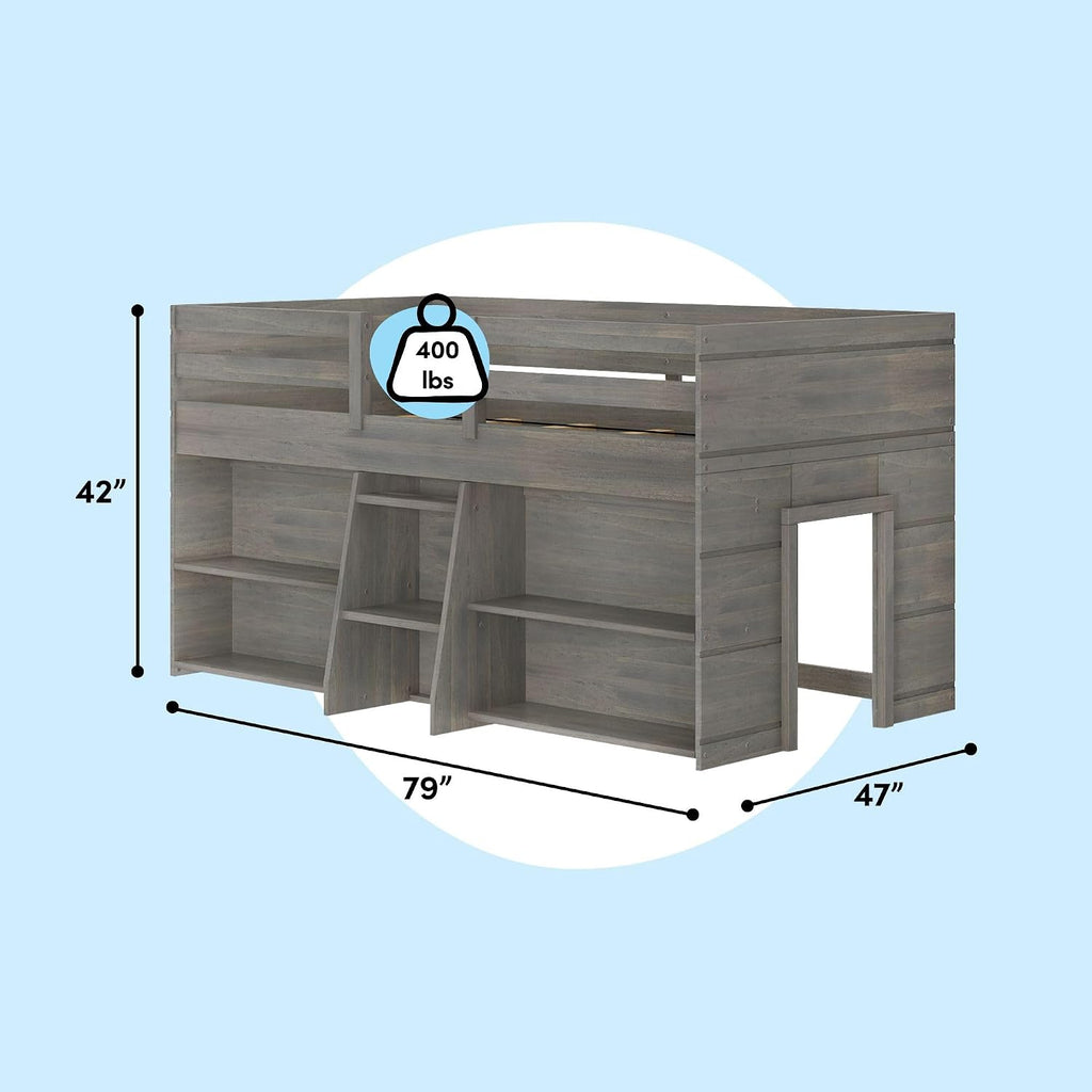 Max & Lily Modern Farmhouse Low Loft Bed, Twin Bed Frame for Kids with 2 Bookcases, Driftwood