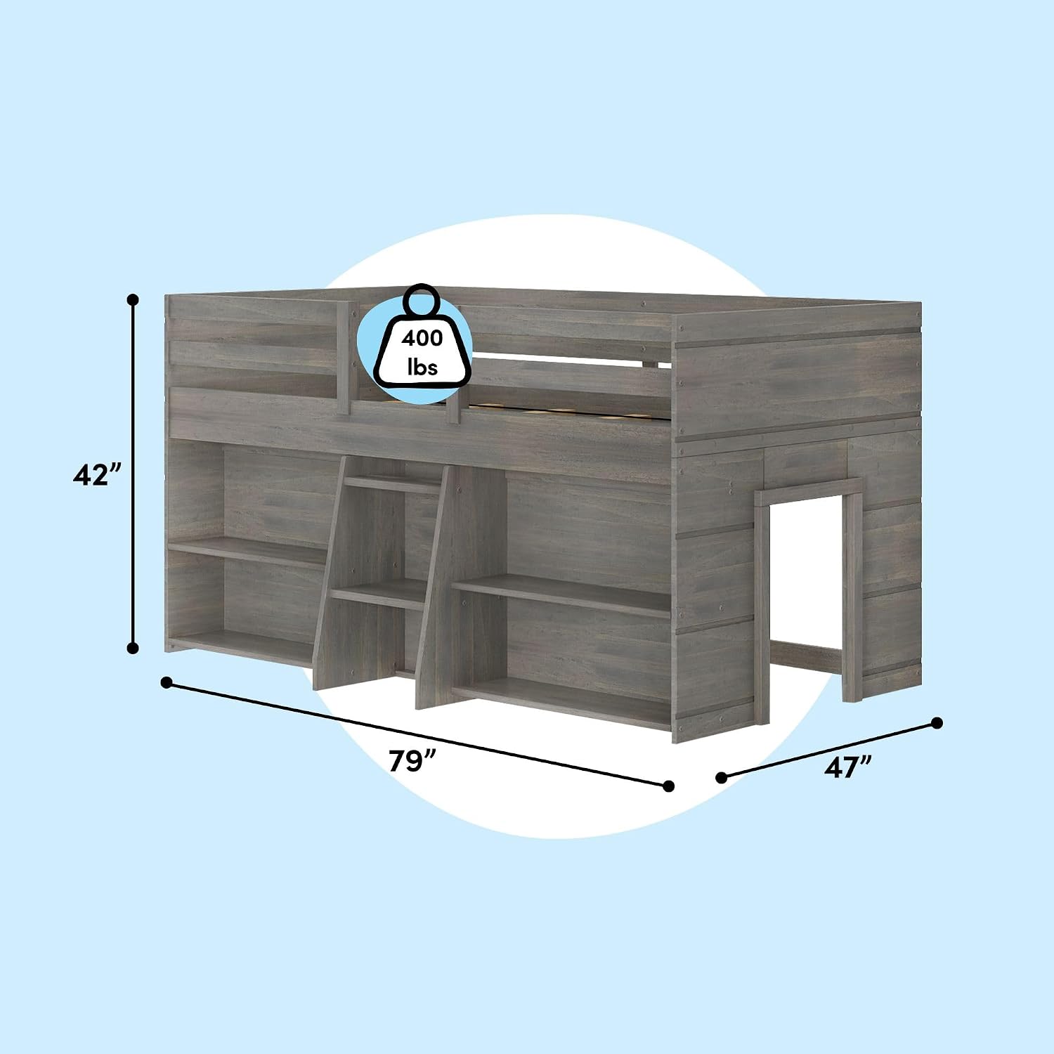 Max & Lily Modern Farmhouse Low Loft Bed, Twin Bed Frame for Kids with 2 Bookcases, Driftwood