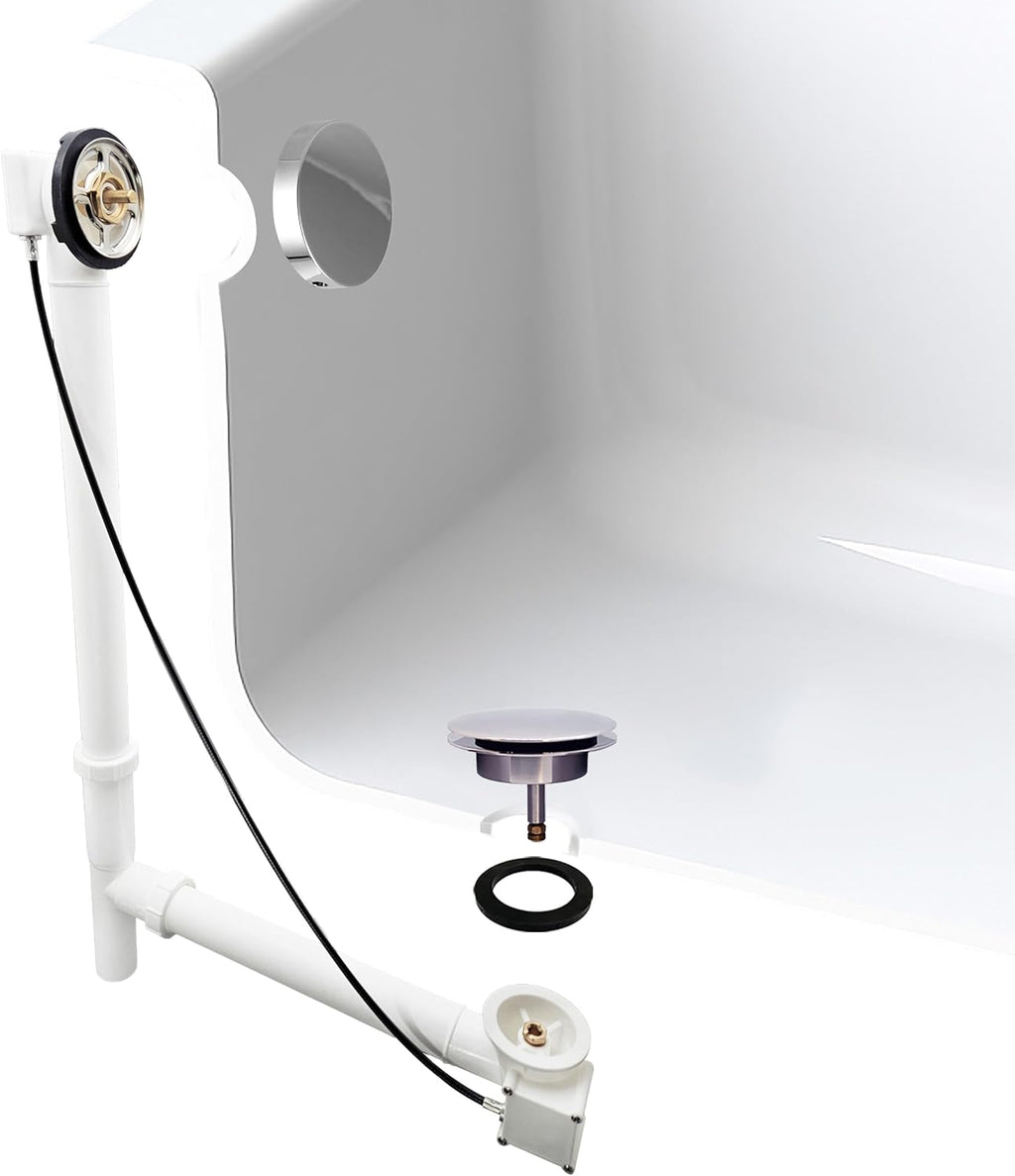 Westbrass D50P27TLERE-26 27' Cable Drive Bath Drain Trim with Rotary Overflow Cover Knob, Pop-Up Stopper and Poly Tubular Pipes & Fittings, Polished Chrome