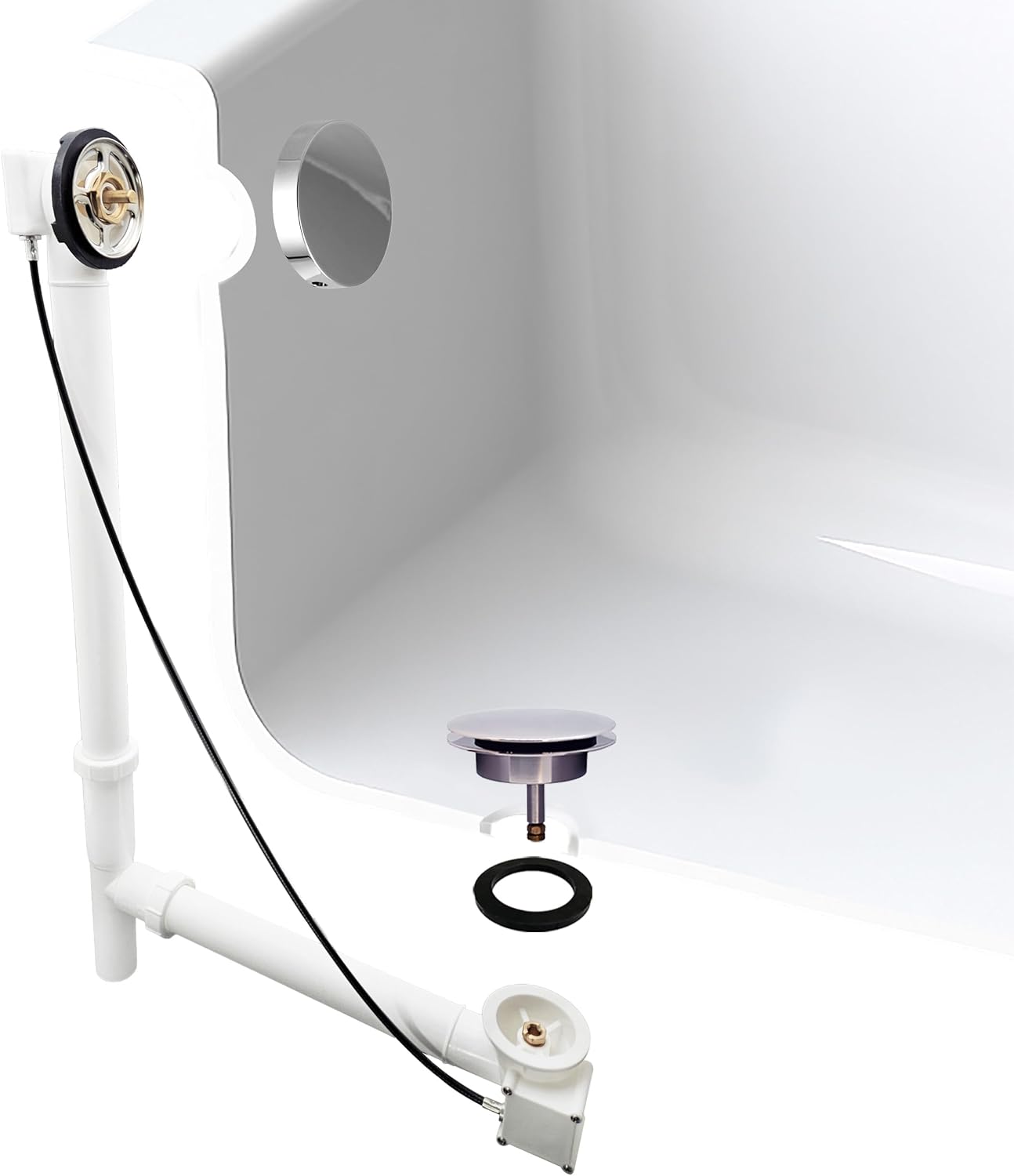 Westbrass D50P27TLERE-26 27' Cable Drive Bath Drain Trim with Rotary Overflow Cover Knob, Pop-Up Stopper and Poly Tubular Pipes & Fittings, Polished Chrome
