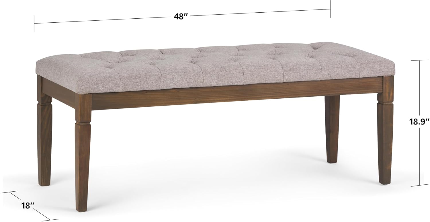 SIMPLIHOME Waverly Tufted Ottoman Bench - 48 inch Wide Upholstered Linen Look Fabric Rectangle Footstool Ottoman in Cloud Grey, Traditional Bench for Bedroom, Entryway or Living Room with Carved Legs
