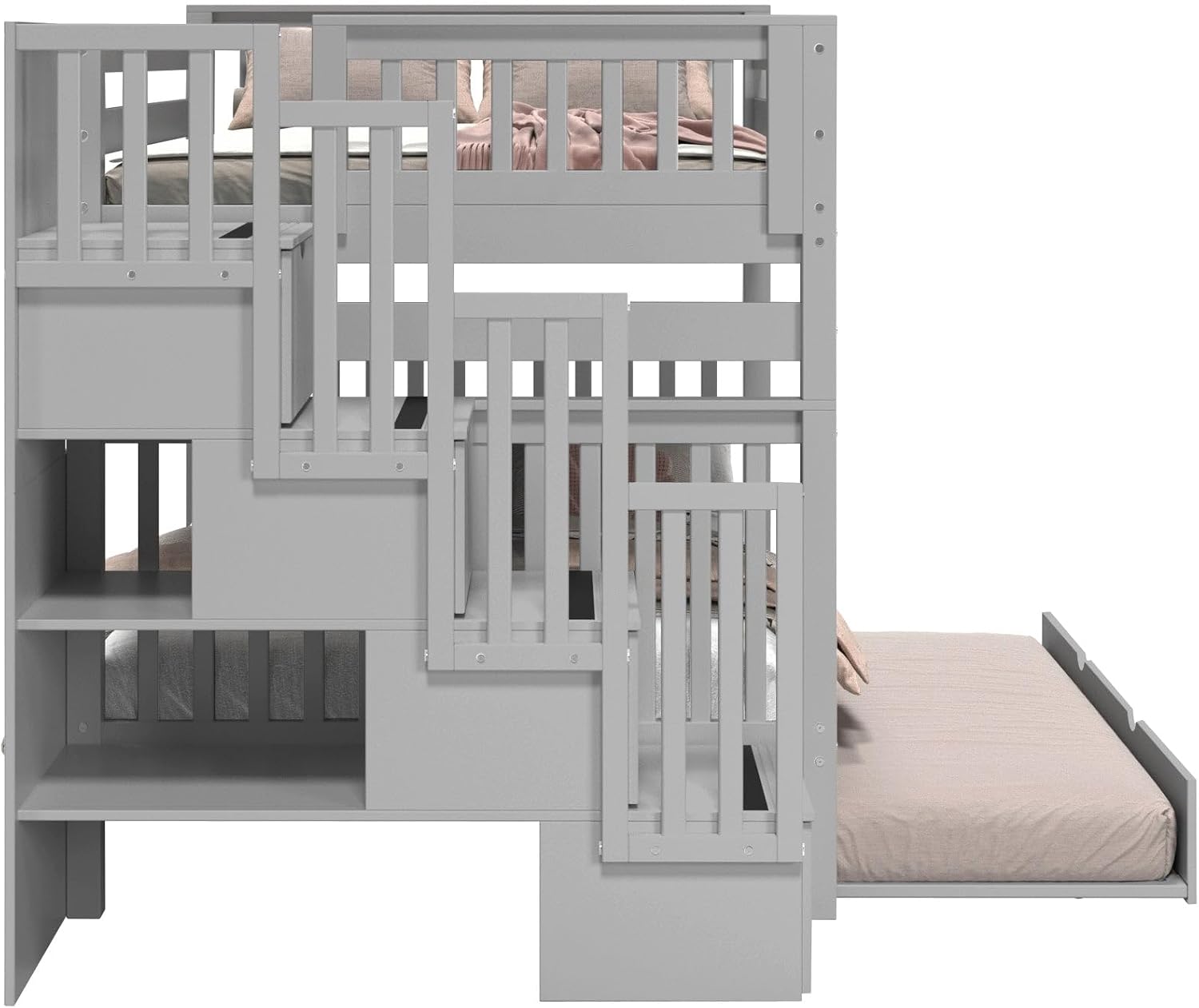 Bedz King Stairway Bunk Beds Full Over Full, 4 Step Drawers, Full Trundle, Gray