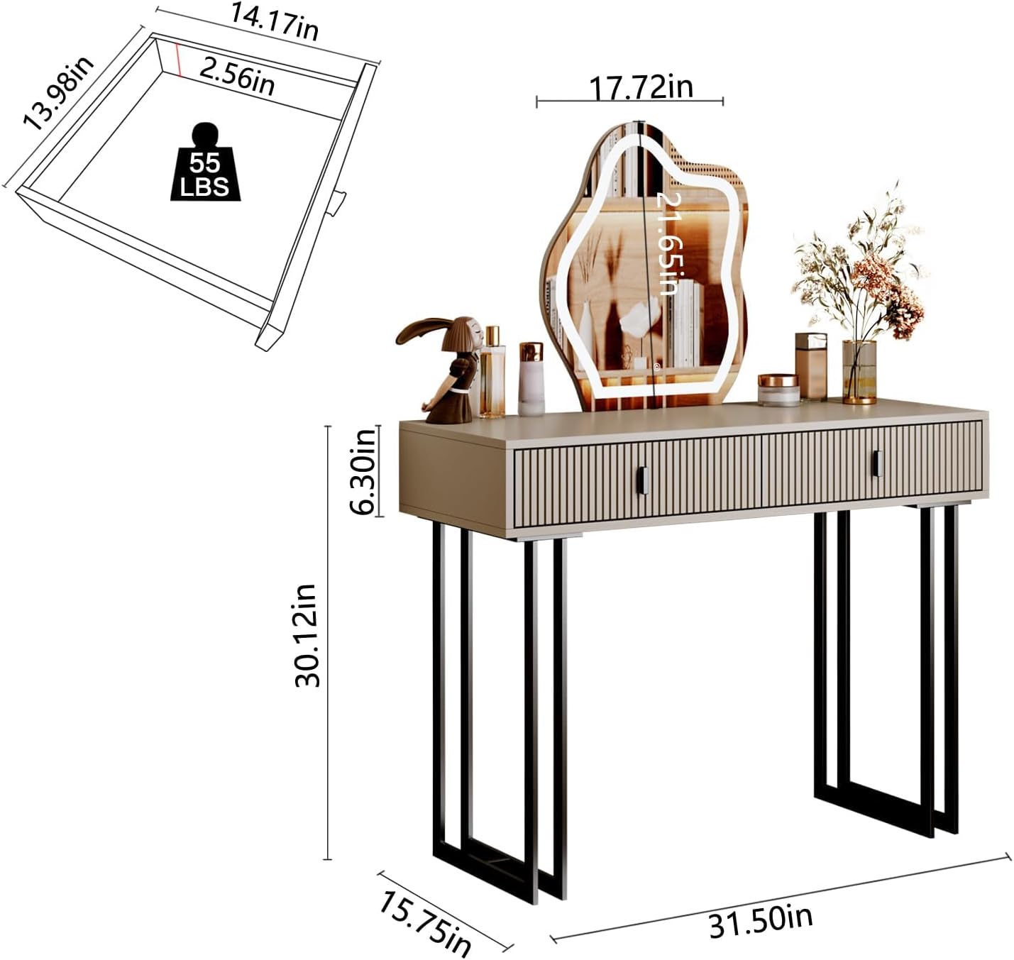 Ieejdn Morandi Gray Vanity Desk with Mirror and Lights,Small Makeup Vanity with 2 Drawers，Modern Makeup Table with Adjustable Cabinet for Bedroom,Makeup Room