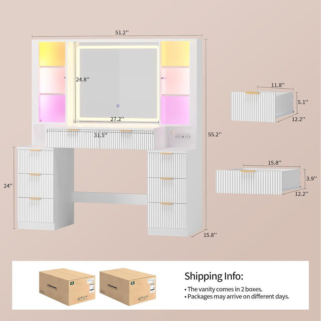 HAUOMS Big Vanity, Fluted Wood Makeup Vanity Desk with Mirror and Sound Sync LED Lights, Large Vanity Dressing Table, 8 Drawers, Charging Station for Girls, Women (White, 51.2' Width)