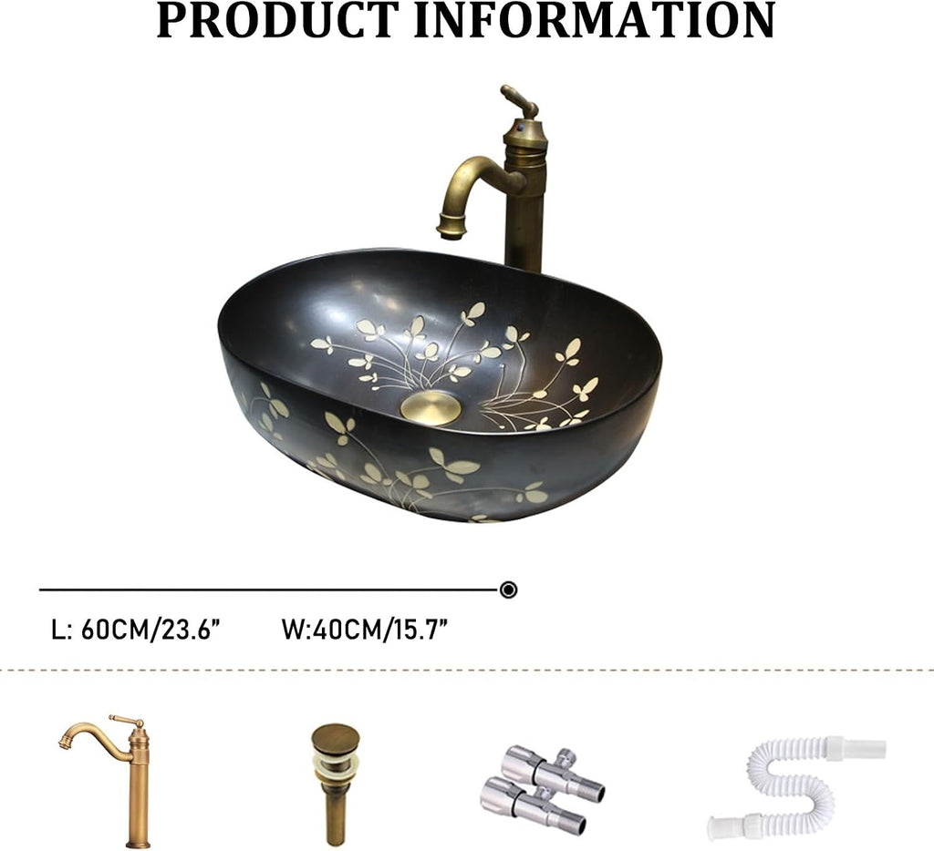 Ceramic Retro Bathroom Vessel Sink, Art Hand Wash Basin, Home Vanity Sink with Accessories, Countertop Basin for B&B, Club, Home