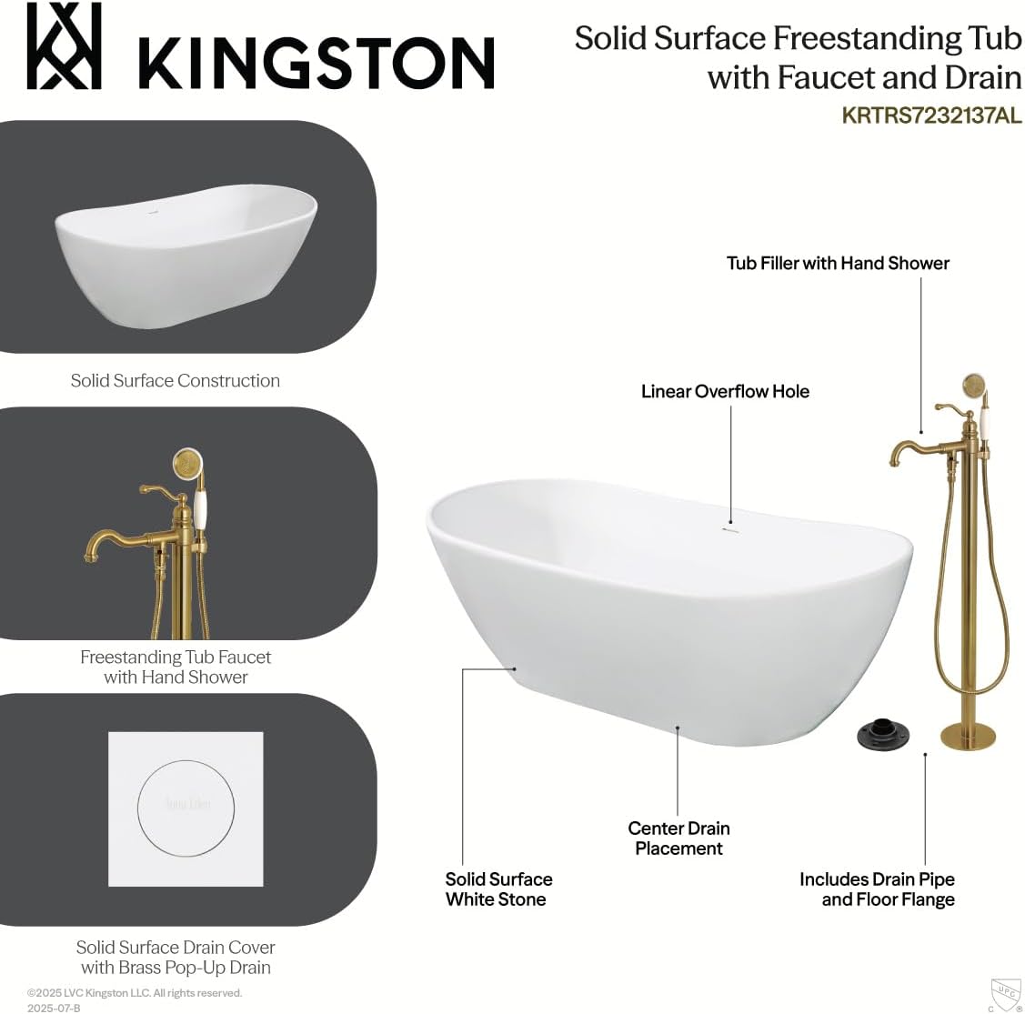 Kingston Brass KRTRS7232135AL 72' Solid Surface Oval Double Ended Freestanding Tub with Faucet Combo and Drain, Oil Rubbed Bronze