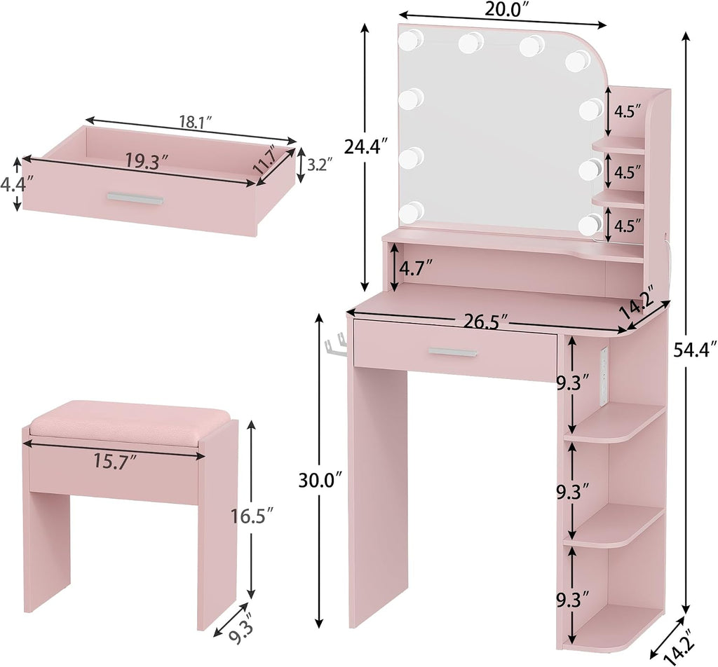 wanan Makeup Vanity with Chair, Small Vanity Desk with Mirror and Lights 3 Colors, Girls Vanity Set with Power Outlet, Compact Vanity Table for Small Space, Pink