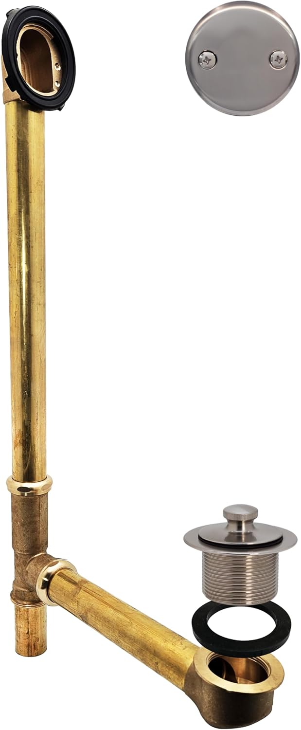 Westbrass A3264-07 22-1/2' Brass Bath Waste & Overflow Assembly with Pull Drain Plug and 2-Hole Faceplate, Satin Nickel