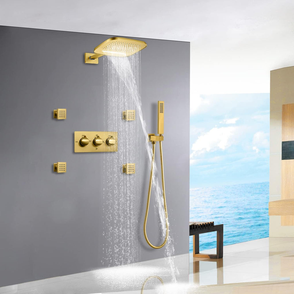Waterfall Rain Shower System Wall Mounted Brass Ceiling Rainfall Shower Head With Handheld Sprays Massage Spa Body Combo Set (Brushed Gold)