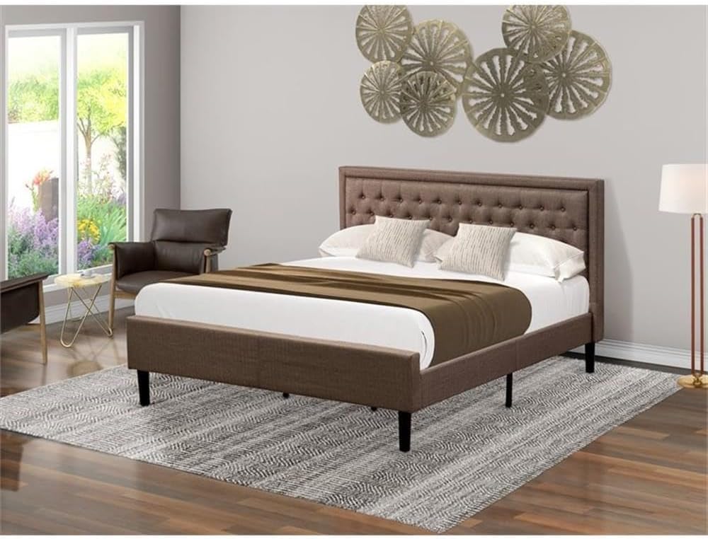East West Furniture KDF-18-K Platform King Bed Frame Wood - Brown Linen Fabric Upholstered Bed Headboard with Button Tufted Trim Design - Black Legs