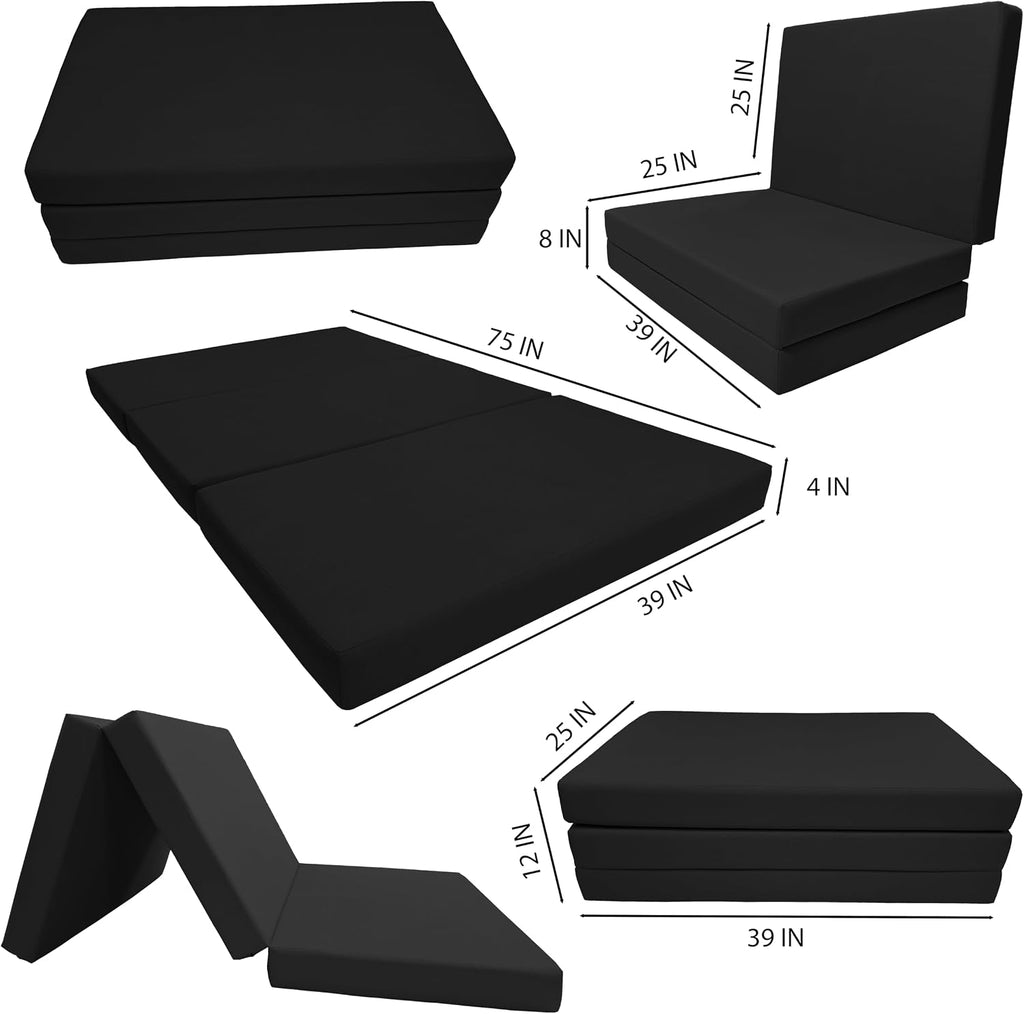 D&D Futon Furniture Portable Trifold Mattress, Foldable Foam Mattresses Small Space Saving Guest, Floor Fold Out Bed Ottoman, 4 inch Folding Cushion Pad Camping RV (Twin Size 4x39x75, Black)