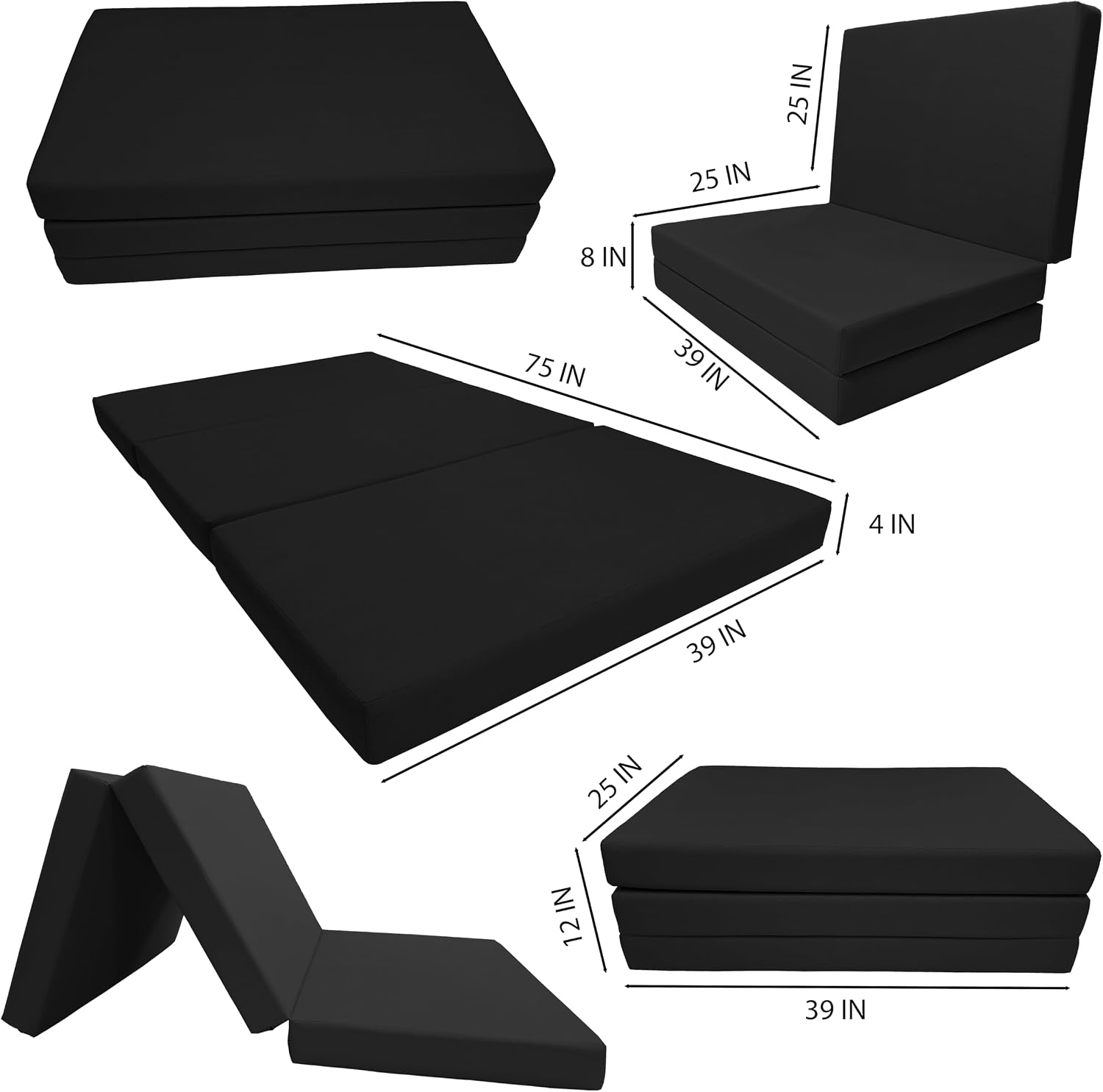 D&D Futon Furniture Portable Trifold Mattress, Foldable Foam Mattresses Small Space Saving Guest, Floor Fold Out Bed Ottoman, 4 inch Folding Cushion Pad Camping RV (Twin Size 4x39x75, Black)