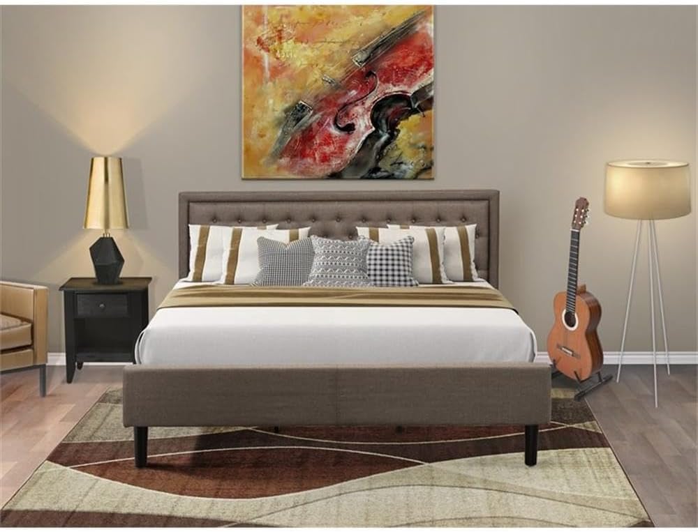 East West Furniture KD18K-1GA06 2 Piece King Size Bedroom Set - 1 King Bed Brown Linen Fabric Padded and Button Tufted Headboard with 1 Night Stand - Wire Brushed Black Finish Nightstand