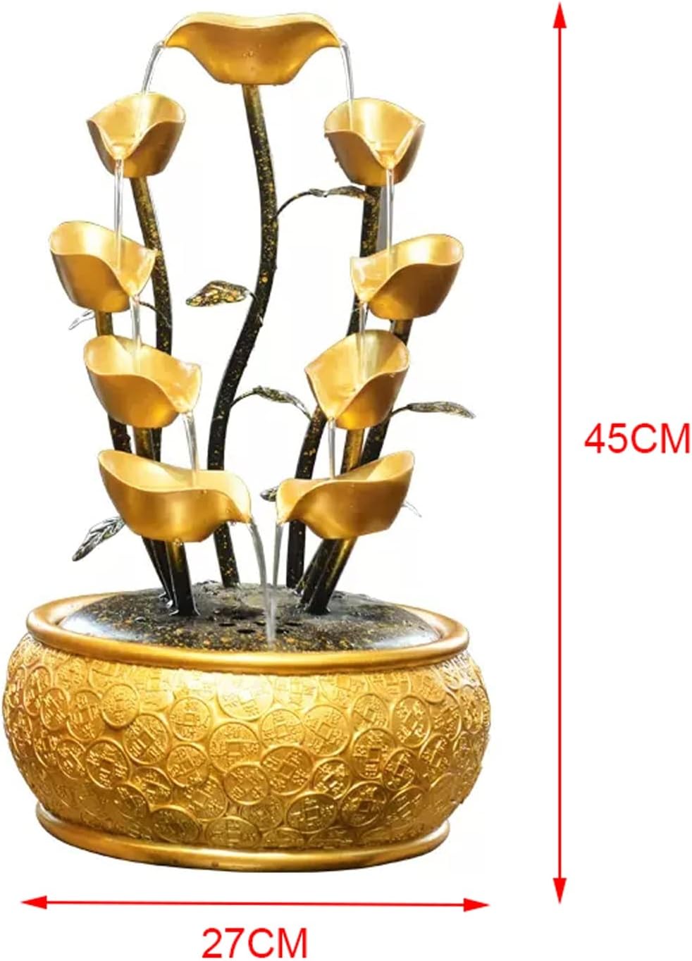Desktop Fountain Tabletop Fountain Creative Gold Leaf Flowing Water with Chinese Coin Pattern Decorative Base and Pump Desk Home Office Decor (Golden)(Large)