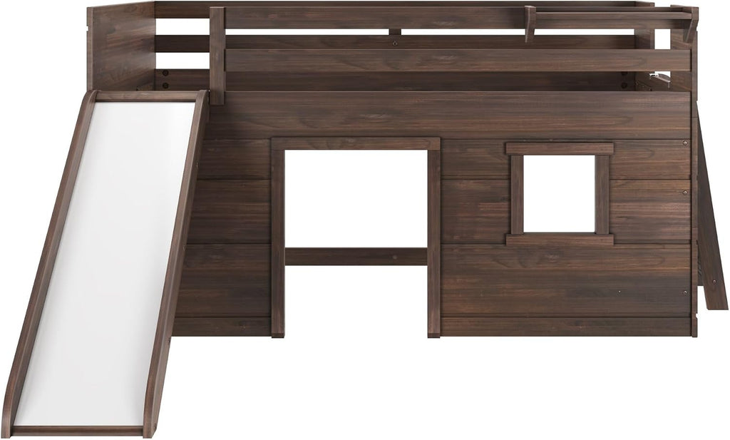 Max & Lily Modern Farmhouse Low Loft (Twin), with Slide, Barnwood Brown