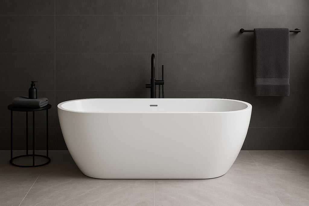 Carver Tubs - Seraphina 59' - Modern White Freestanding Soaking Bathtub With Oil Rubbed Bronze Drain - Contemporary Rounded Oval Acrylic Fiberglass Tub - Deep Relaxing Soak - 59'L x 29'W x 23.5'H