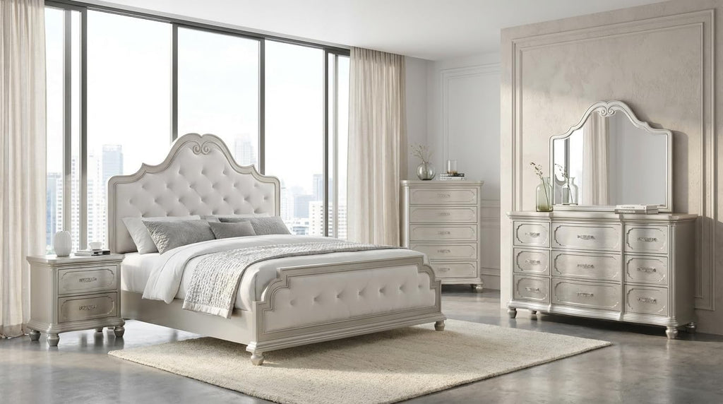 First of a Kind Roma Silver Finish Traditional 4 Piece King Bedroom Set with Upholstered Tufted Headboard Classic European Style Coordinated Furniture Collection