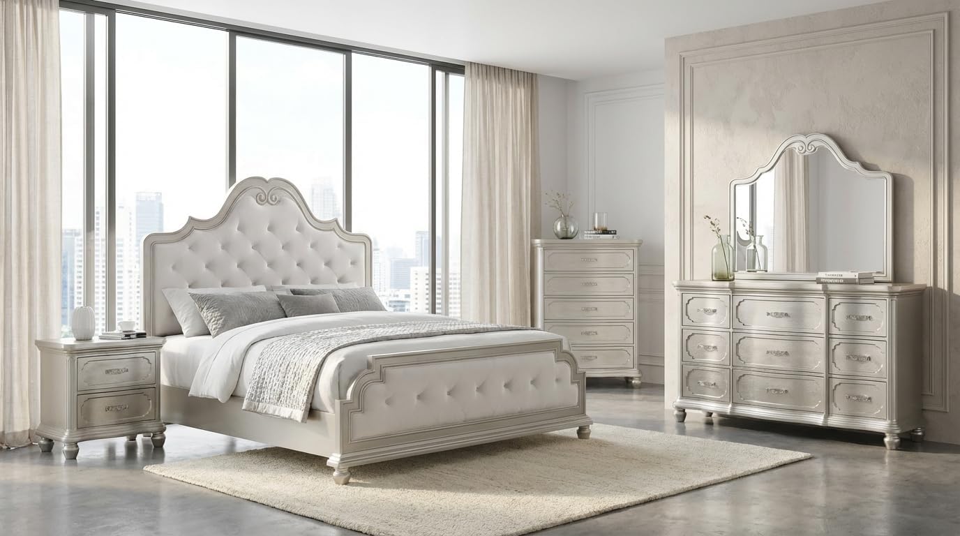 First of a Kind Roma Silver Finish Traditional 4 Piece King Bedroom Set with Upholstered Tufted Headboard Classic European Style Coordinated Furniture Collection