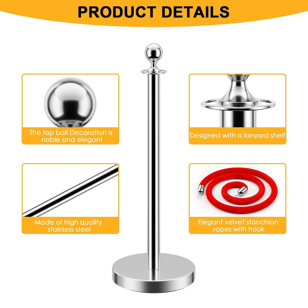 LOVMOR Stainless Steel Stanchion Post, Stanchions with Red Rope, Hollow Base and Velvet Ropes Safety Barriers Set, Carpet Runner for Party (6pack-Silver)