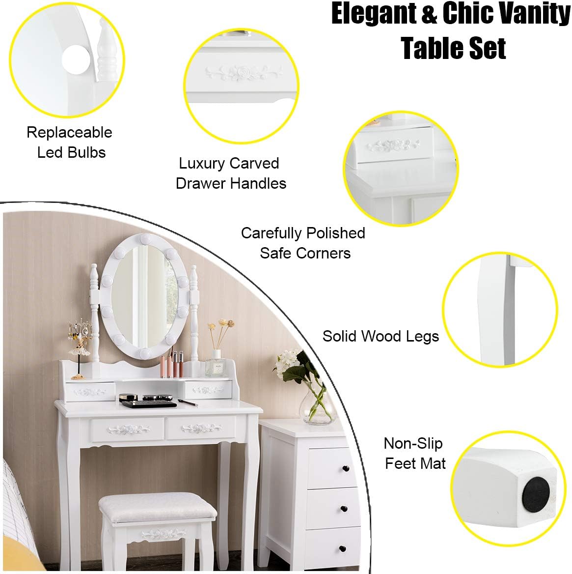Giantex Makeup Vanity Table with 10 LED Lights, Adjustable Brightness, 3 Color Light Modes, 4 Drawers, Rotatable Mirror, Cushioned Stool, Vanity Desk Dressing Table Bedroom Furniture (White)