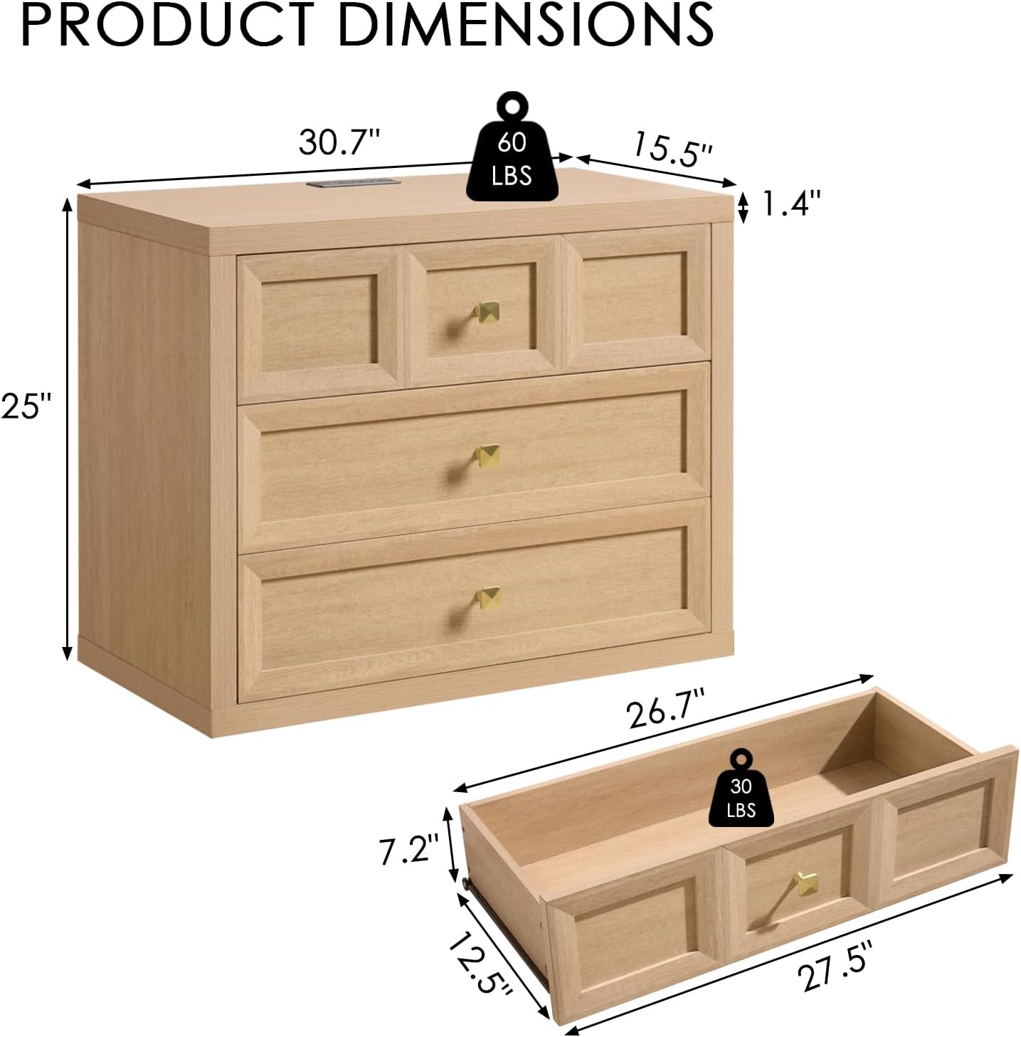 3-Piece Bedroom Set, 5 Drawer Tall Dresser and 3 Drawer King Size Nightstands Set of 2 with Charging Station, 3 Piece Farmhouse Wood Bedroom Dresser and Nightstand Sets, Natural
