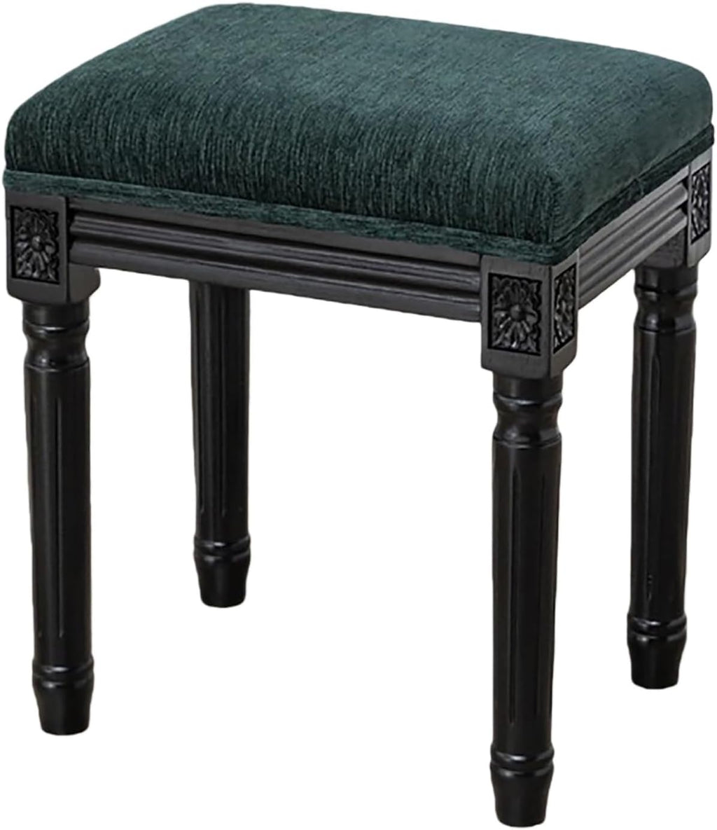 Upholstered Vanity Stool with Carved Dressing Makeup Bench with Solid Wood Legs Multi-Functional and Comfy Retro Bench Piano Seat for Bedroom, Bathroom, Vanity Table,Dark Green