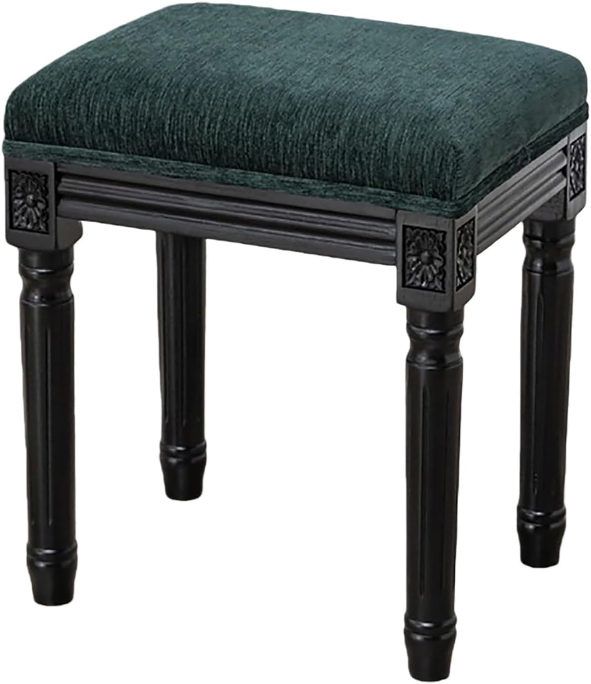Upholstered Vanity Stool with Carved Dressing Makeup Bench with Solid Wood Legs Multi-Functional and Comfy Retro Bench Piano Seat for Bedroom, Bathroom, Vanity Table,Dark Green