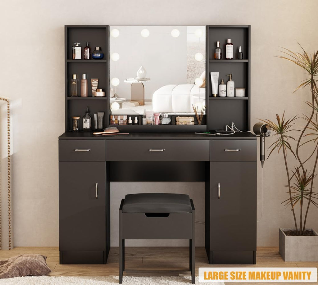Vabches Vanity Desk with Lights and Mirror, Makeup Vanity Table with Charging Station, 45in Big Vanity Set with Storage Stool, Black