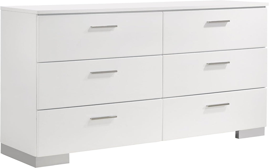 Coaster Home Furnishings Felicity Contemporary 5-Piece Bedroom Set California King Size Panel Bed Frame 51-inch Headboard White High Gloss 203501KW-S5L