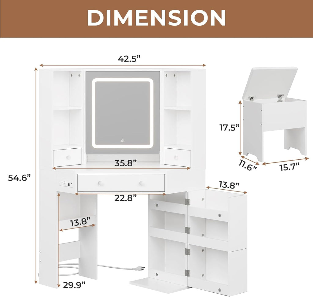 HAUOMS Vanity Desk with Mirror Lights, Storage Bench & Power Outlet, Corner Vanities with Rotating Cabinet & Drawers, 42.5' L Shaped Vanity Set, 3 Light Settings, for Women Girls, Modern White