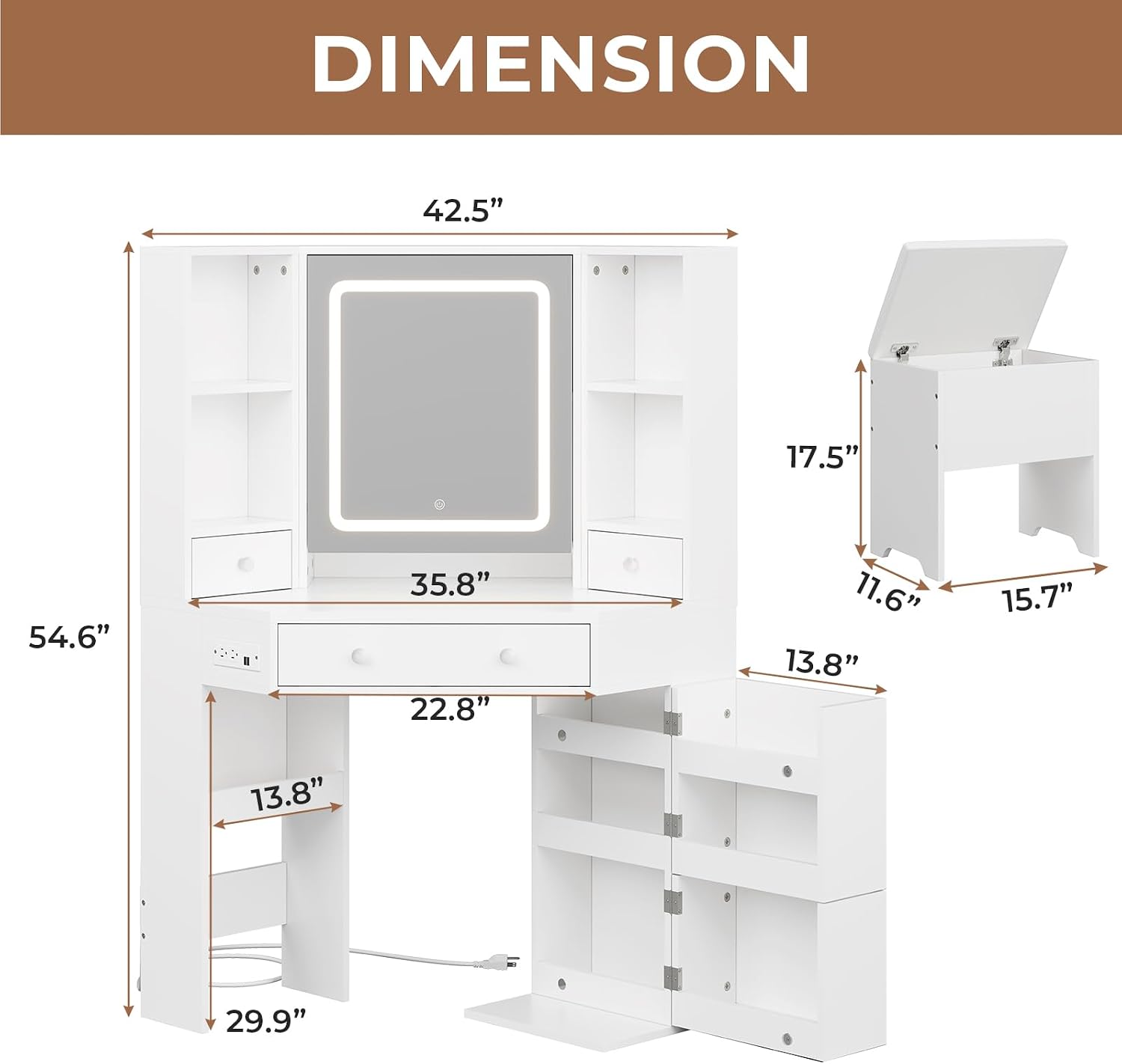 HAUOMS Vanity Desk with Mirror Lights, Storage Bench & Power Outlet, Corner Vanities with Rotating Cabinet & Drawers, 42.5' L Shaped Vanity Set, 3 Light Settings, for Women Girls, Modern White
