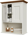 Treocho Wood Wall Cabinet, Bathroom Medicine Cabinet Storage with Doors and Adjustable Shelf, Rustic Cabinet Wall Mounted for Bathroom, Living Room, Kitchen, White & Brown