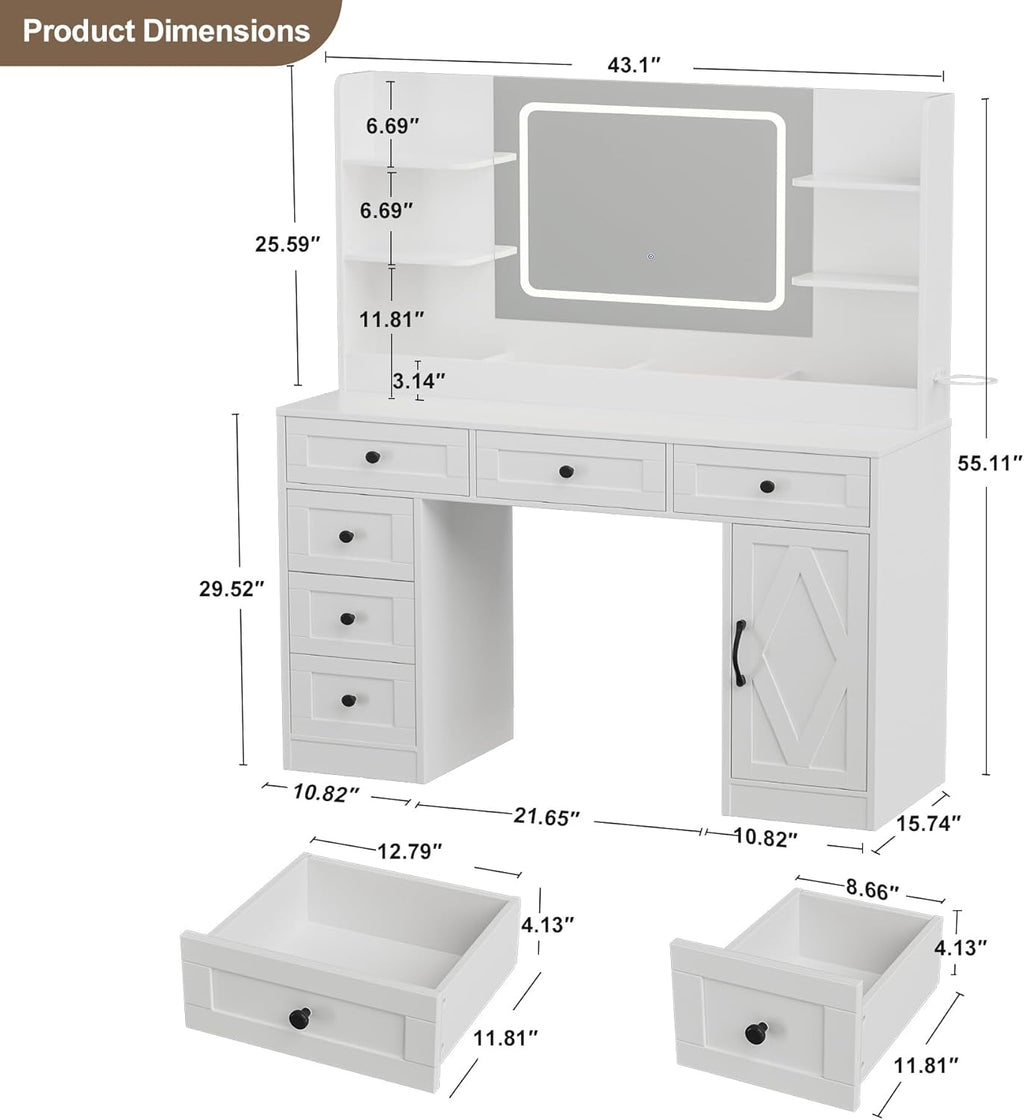 COMHOMA Makeup Vanity Desk with Mirror and Lights, Large Vanity Table with 6 Drawers & 1 Storage Cabinet, White Bedroom Dresser Table for Girls, 3 Color Modes Adjustable Mirror, White