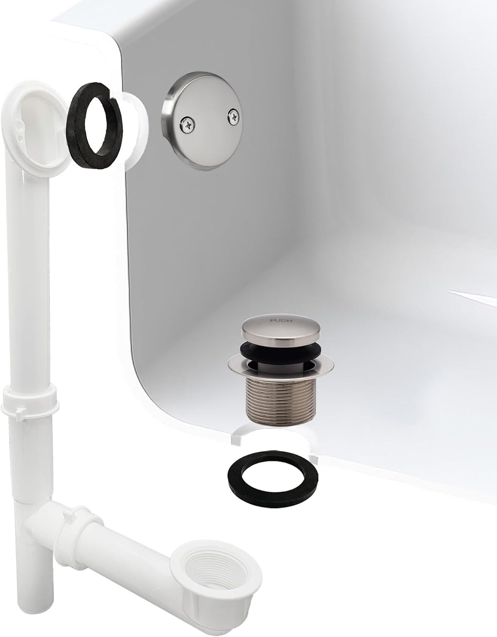 Westbrass 593244-4-07 14' x 1-1/2' White Tubular Bathtub Waste & Overflow Assembly with Tip-Toe Drain Plug and 2-Hole Faceplate, Satin Nickel (4-Pack)