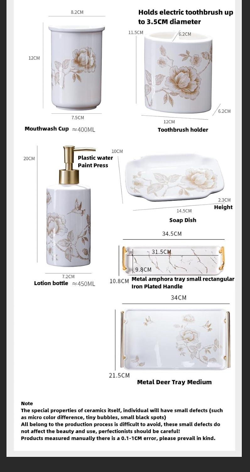 Vintage Decor,Bathroom Accessories Set 5 Pcs Ceramics Flower Pattern Sets Soap Dispenser Toothbrush Holder Countertop Bathroom Apartment Decor Stuff Easter Home Decor Five-Piece Set + Medium-Sized P