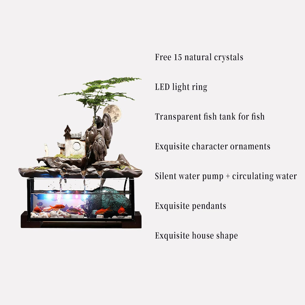 Desktop Ceramic Water Fountain Fish Tank - Adjustable Water Flow with LED Lights | Indoor Decoration Fortune Gifts+15 PCS Free Crystals (Style 5)