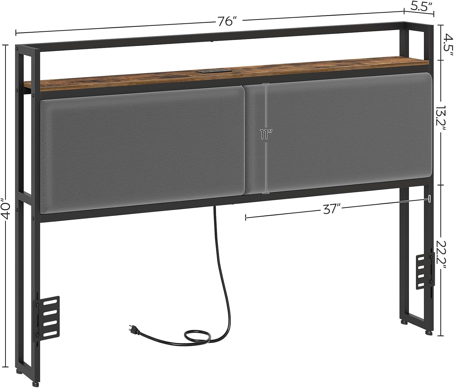 YATINEY King Size Headboard with Storage Shelves, Upholstered Headboard with Charging Station, Height Adjustable, Sturdy and Stable, Vintage Style, Rustic Brown, Gray and Black