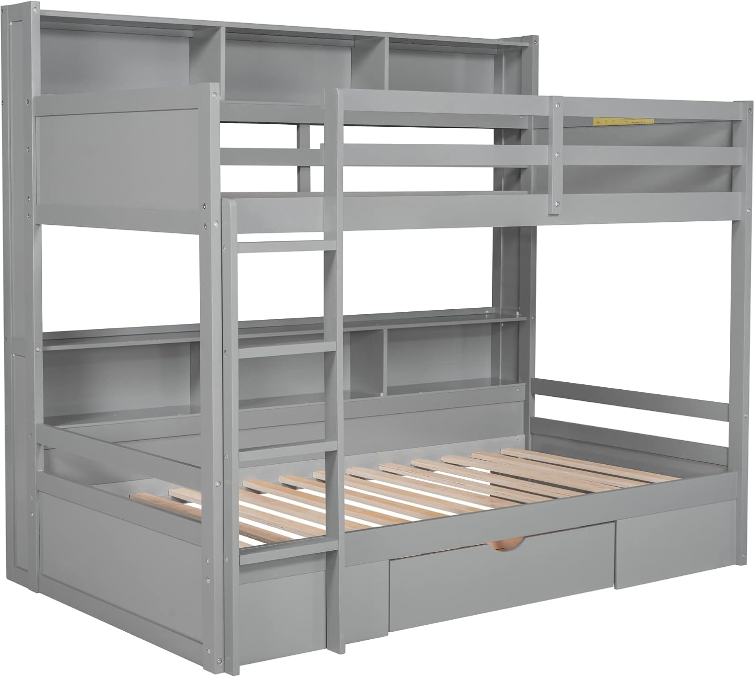 RUNNA Unique Solid Wood Bunk Bed with Storage Drawer and Built-in Shelves,Twin Size Bunk Bed with Safeguard Railings and Ladder,for Kids Teens Bedroom Use (Gray#q)