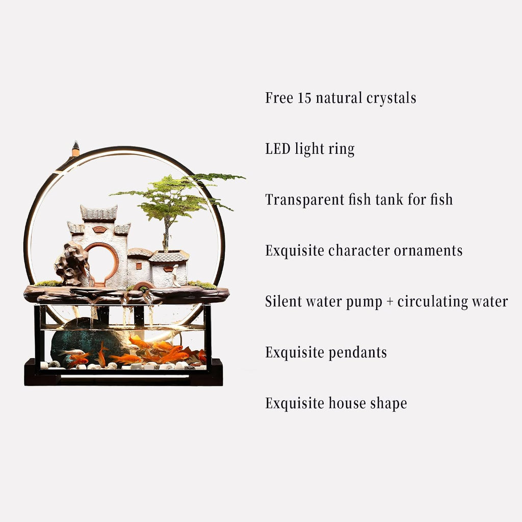 Desktop Ceramic Water Fountain Fish Tank - Adjustable Water Flow with LED Lights | Indoor Decoration Fortune Gifts+15 PCS Free Crystals (Style 3)
