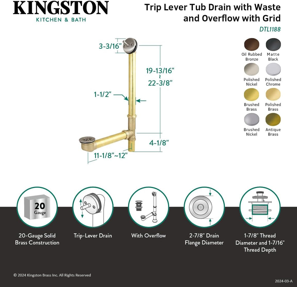 Kingston Brass DTL1185 Made To Match Trip Lever Waste and Overflow with Grid, 23-1/4-Inch, Oil Rubbed Bronze