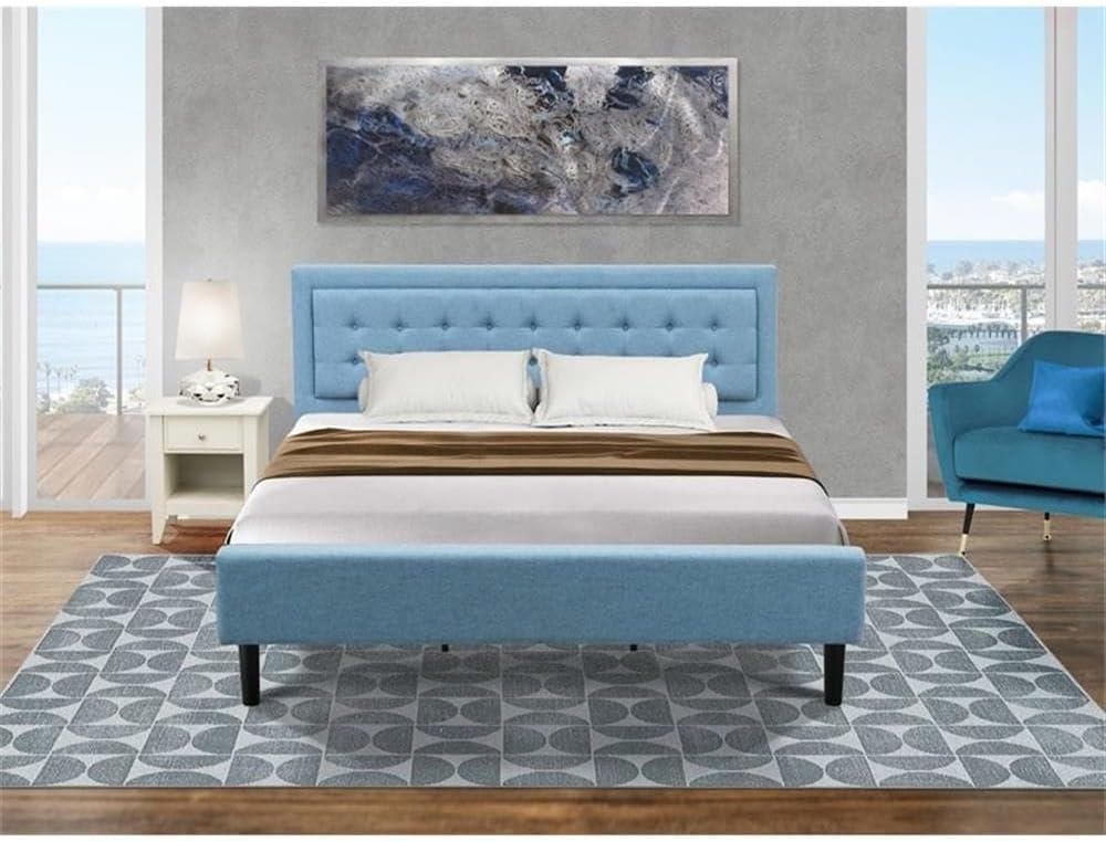 East West Furniture FN11K-1GA0C 2-Piece Fannin Bed Set with 1 King Frame and a Wire Brushed Butter Cream Mid Century Modern Nightstand - Reliable and Sturdy Construction - Denim Blue Linen Fabric Bed