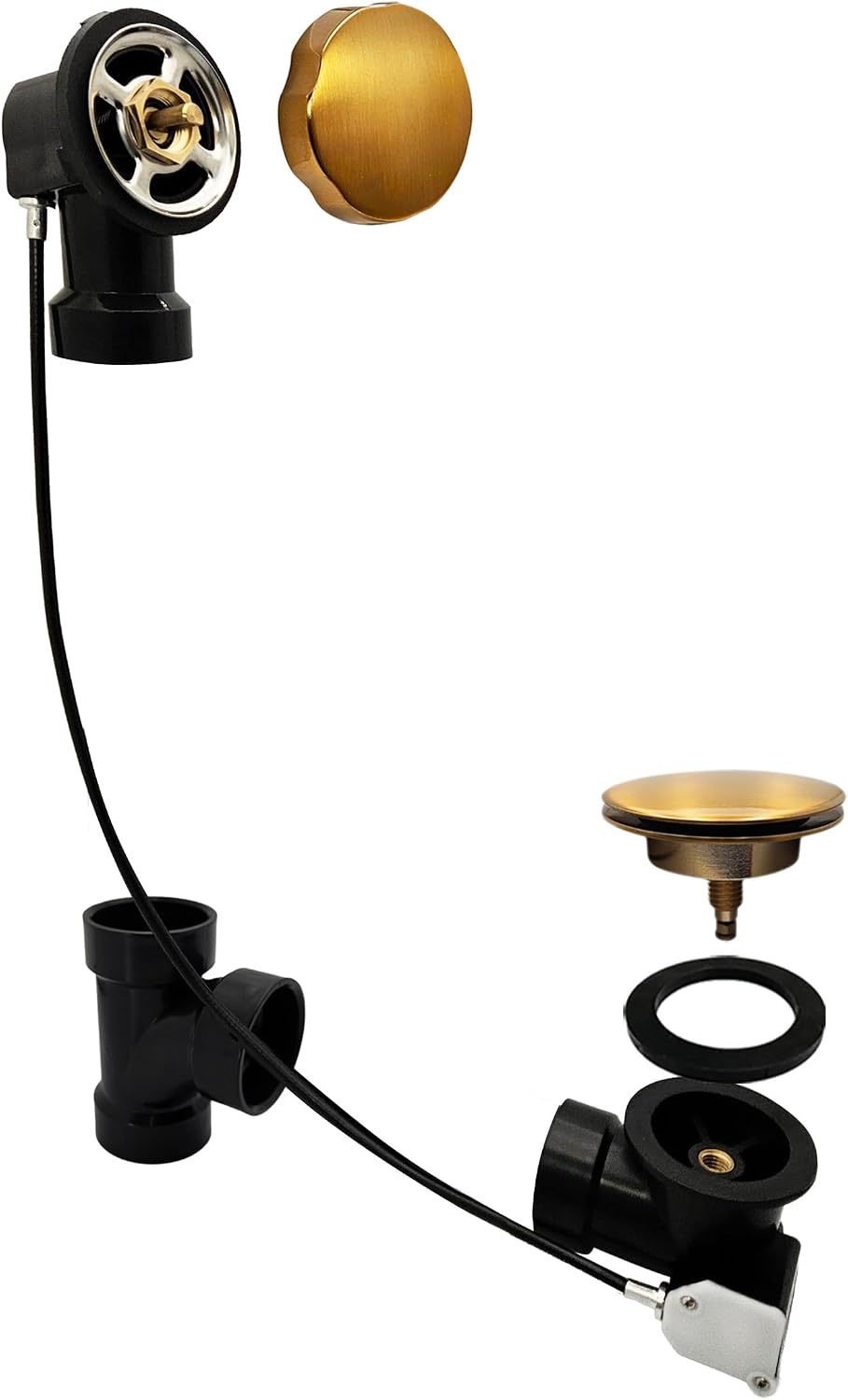 Westbrass A50A35-18 35' SCH. 40 ABS Cable Driven Bath Drain Trim Kit with Rotary Overflow Cover Knob and Pop-Up Stopper, Brushed Bronze