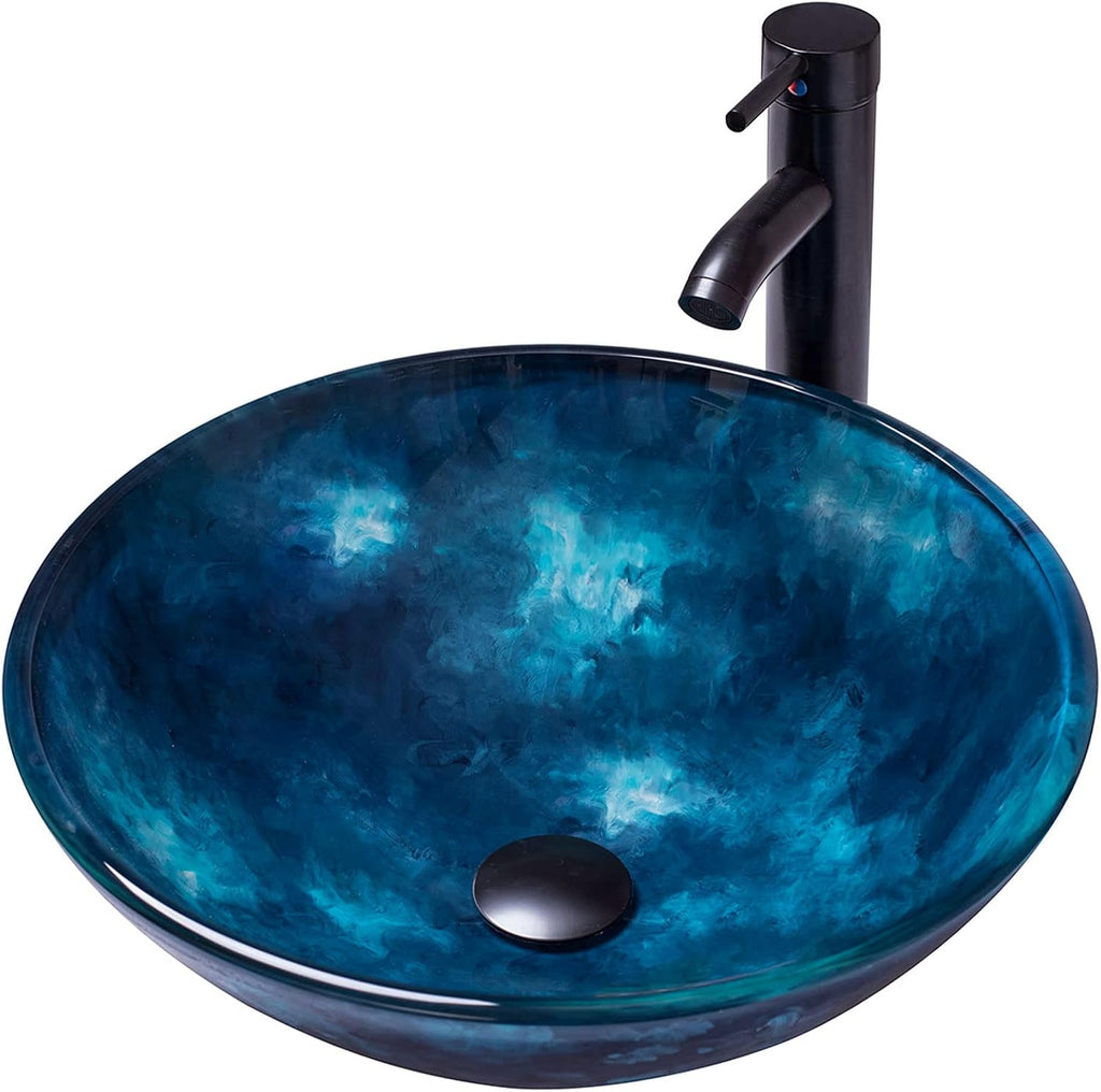 Vessel Sink 16.5' Bathroom Sinks Tempered Glass Blue Art Basin Round Bowl with Faucet Combo Blue,Modern Countertop Bowl Sink for Lavatory Vanity Cabinet