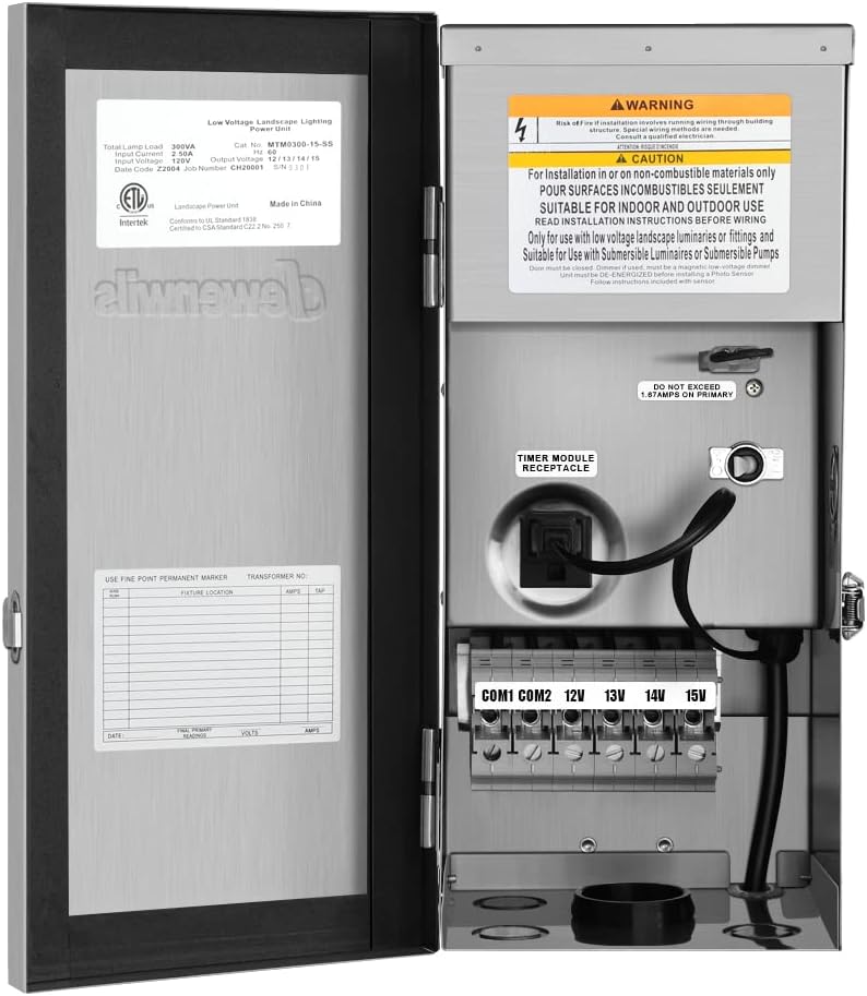 DEWENWILS 200W Multi-Tap Low Voltage Landscape Transformer, 120V AC to 12V/13V/14V/15V AC,Low Voltage Transformer for Landscape Lights, Outdoor Lights, Garden Lights, Stainlees Steel, ETL Listed
