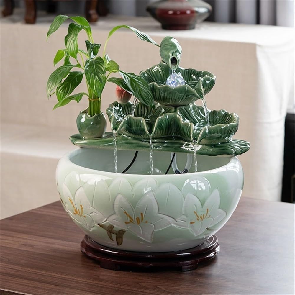 Tabletop Fountain Chinese-Style Ceramic Tabletop Fish Tank Fountain Water Feature Office Decor(Large)