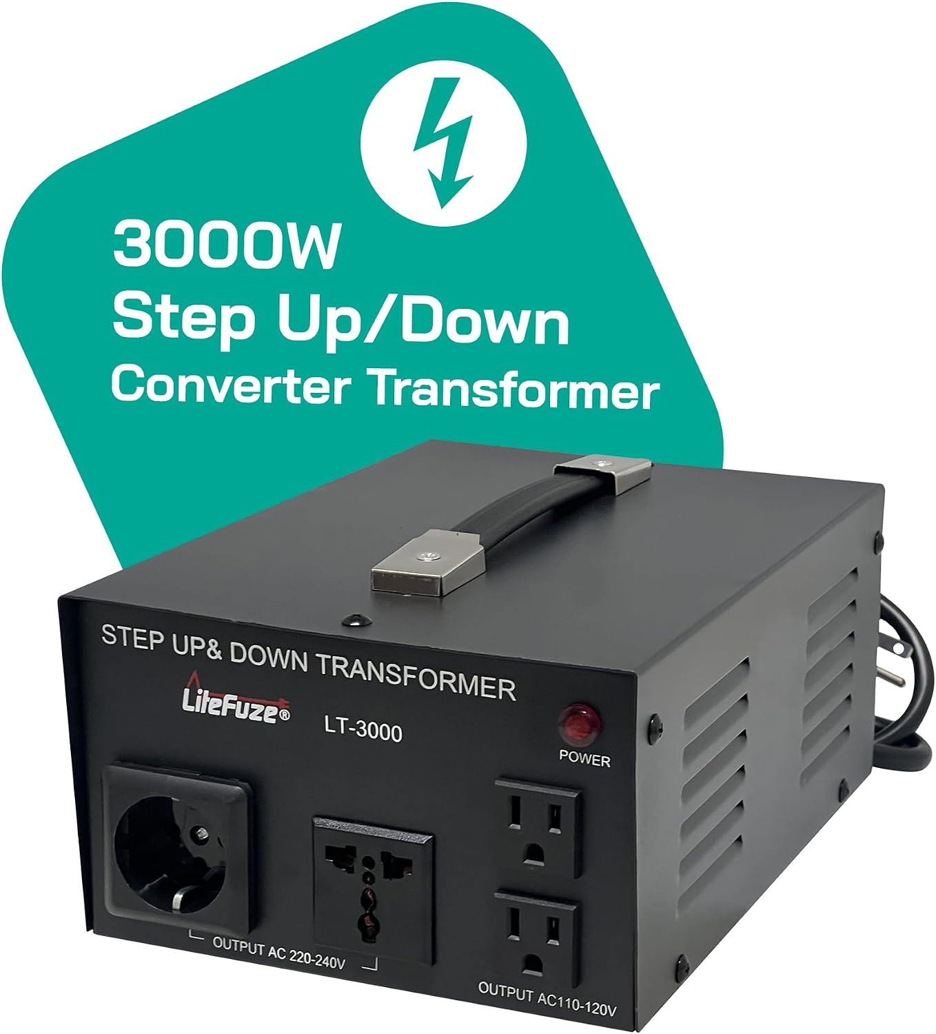 LiteFuze LT Series 3000 Watt Voltage Converter Transformer Step Up/Down - 110v to 220v / 220v to 110v Power Converter - Fully Grounded Cord - Universal Socket, CE Certified