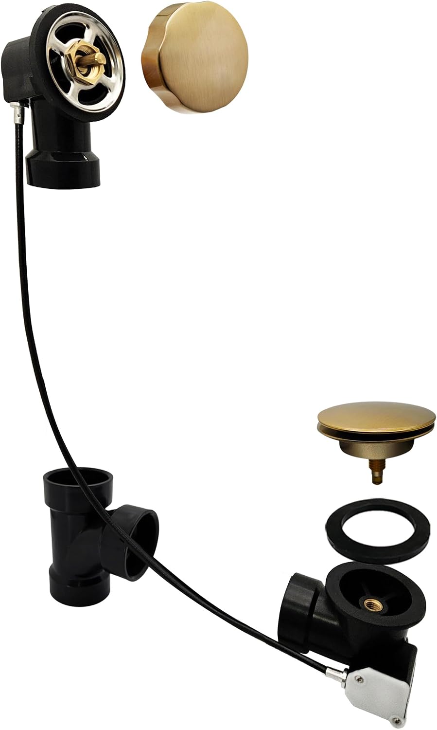 Westbrass A50A35-19 35' SCH. 40 ABS Cable Driven Bath Drain Trim Kit with Rotary Overflow Cover Knob and Pop-Up Stopper, Champagne Bronze