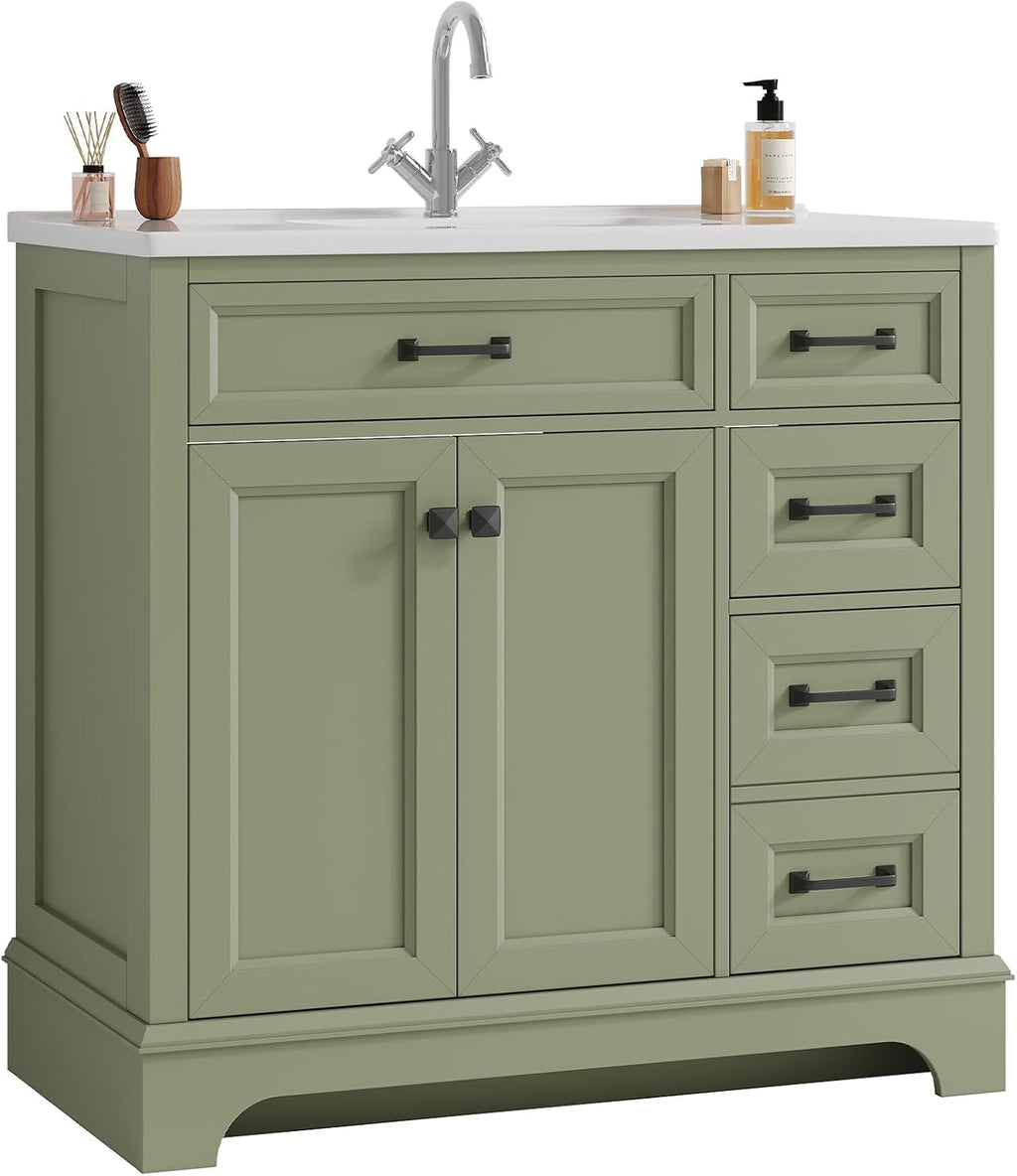 ONBRILL 36' Luxurious Bathroom Vanity with Ceramic Sink, Modern Freestanding Bathroom Single Sink Vanities Cabinet with 2 Soft Closing Doors & 2 Drawers, Adjustable Shelf & Paint Surface (Green)