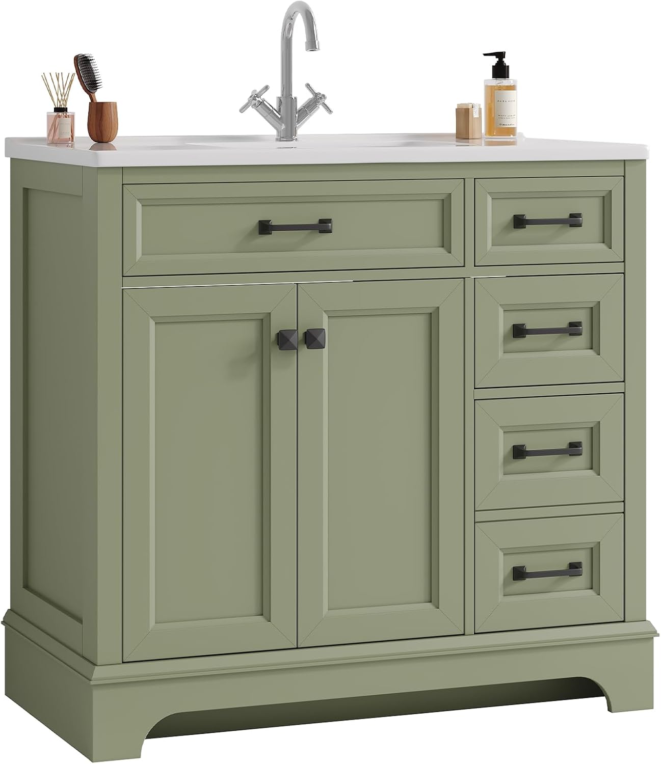 ONBRILL 36' Luxurious Bathroom Vanity with Ceramic Sink, Modern Freestanding Bathroom Single Sink Vanities Cabinet with 2 Soft Closing Doors & 2 Drawers, Adjustable Shelf & Paint Surface (Green)