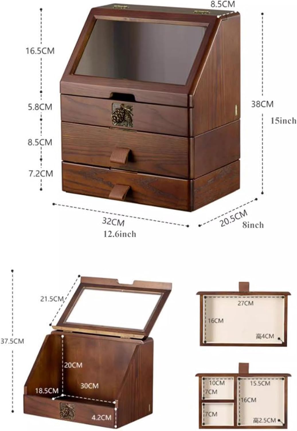 Makeup Storage Box Large Capacity Wood Makeup Organizer Box with Flip Lid and Drawers, Bathroom Organizer Countertop, Vanity Tray Corner Shelf for Makeup Cosmetic Perfume Skincare Bathroom Supplies Va